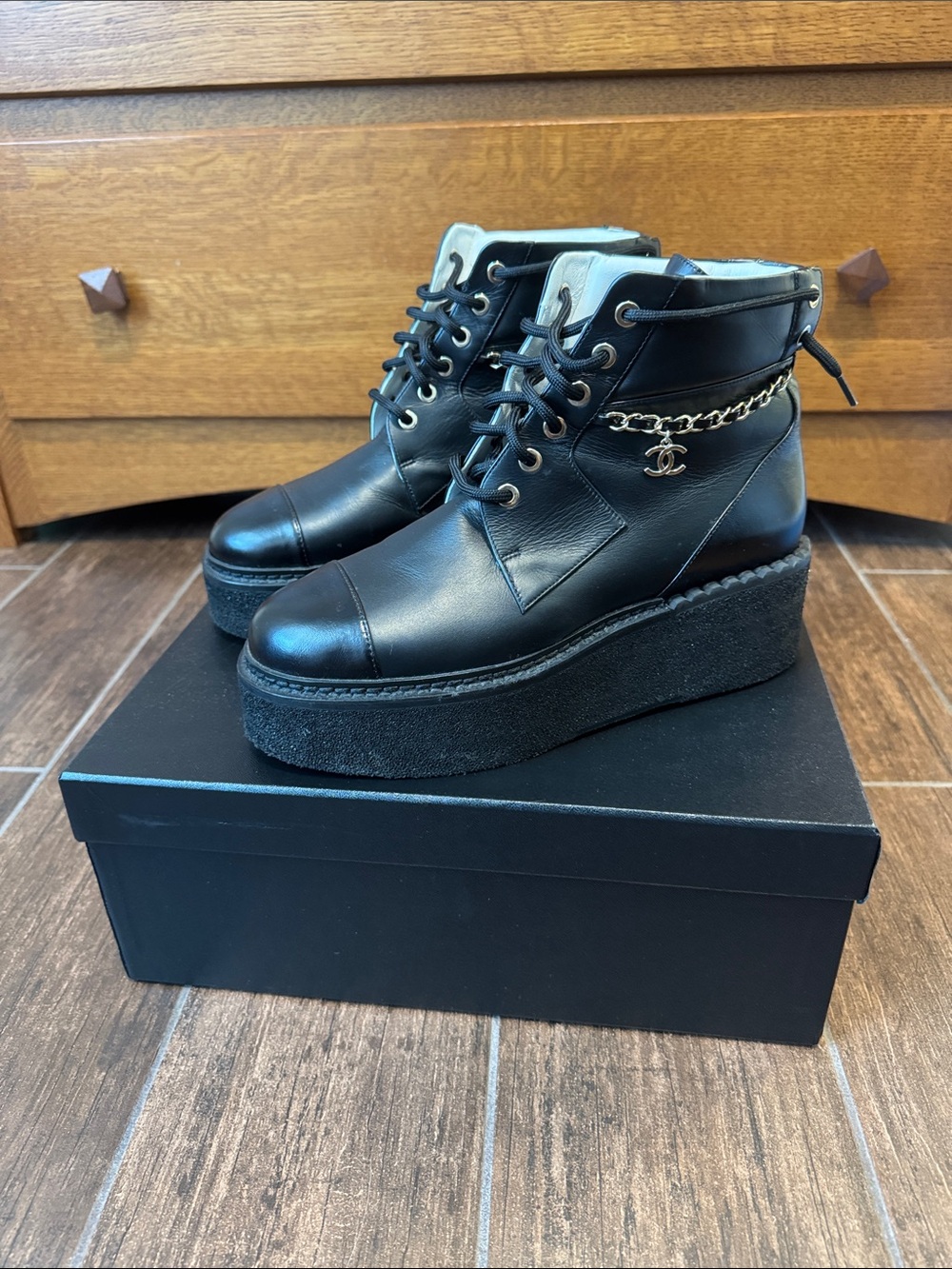 💯 Authentic Chanel Black Leather Lace Up Platform Boots with Gold Chain Accent